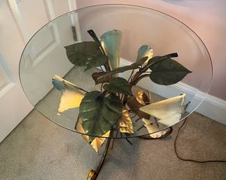 A28 - $300. Italian Lighted Pedestal Table. Hollywood Regency Style. Has "Made in Italy" metal tag still attached. Measures 24" round x 21" tall with glass. WORKS!