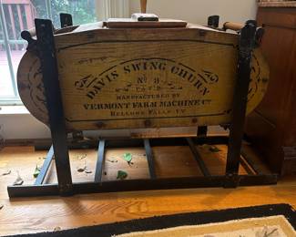 L4 - $250. Antique Swing Churn. Measures 36" wide x 17.5" deep x 26" tall. "Davis Swing Churn No. 3" advertising is still bright on both sides.