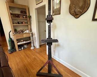 L60 - $175. Antique Wooden Painters Floor Easel. Measures 82" tall when flat. Very adjustable!Partial Tag on the side reads Boston, MA.