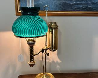 C1 - $75. Vintage Brass Student Lamp with Green Glass Shade. Measures 22.5" tall.