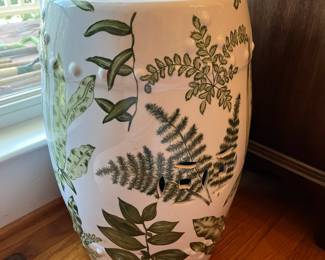 D44- $60. Botanical Ceramic Garden Stool. Measures 11" wide x 18" tall.