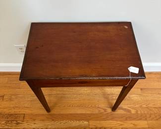 L49 - $175. Small Antique Side Table with Drawer. Measures 24" wide x 15" deep x 27.5" tall. Tag inside reads "Inlaid Stand with drawer, Circa 1795, of American Red Cherry found near Carthage, NC. Secondary wood is yellow poplar. The stylized spears and diamond inlays would indicate the work of a regional cabinet maker." Measures 24" wide x 15" deep x 27.5" tall.