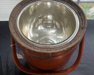 S36 - $45. Vintage Thermos. Wood Frame & Copper lid with glass insert. Measures 8" wide x 16" tall.