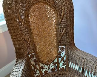 A10 - $500 Victorian Wicker Rocker. Measures 26" wide x 33" deep x 44" tall. Floor to Seat measures 17" tall. Overall in very good condition - 2 very minor breaks in the wicker noted.