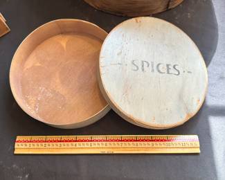L23 - $95. Antique Wooden Shaker Style Spice Box (does not have inside containers). Original Paint is in great condition. Measures 7.5" wide x 2.5" tall.