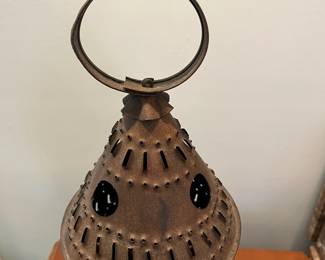 S42 - $70. Hand Punched Antique Paul Revere Candle Lantern. Measures 6.25" wide x 16.5" tall.
