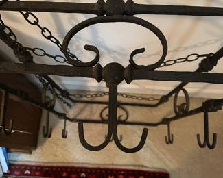 U64 - $175. Antique Wrought Iron Pot Rack. Measures 39.5" x 21" x 9" tall. (Chain makes it adjustable this is just the frame.)