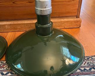 F51- $125 Each. 2 Available. 1930's Benjamin Green Enamel Industrial Lights. Lt- 19dx31t. Rt 18dx26
