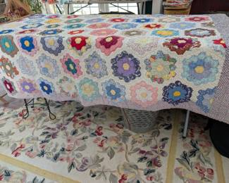 S4 - $65. Vintage Quilt. Measures 70" x 70". Hand Pieced - Hand Quilted. Overall very good vintage/antique condition! Minor holes from wear / washing.