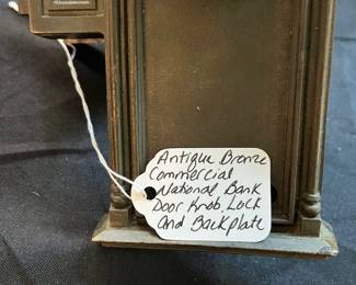 S18 - $200. Antique Bronze Commercial National Bank Door Knob w/key, Lock and Back Plate.