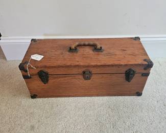 U11 - $150. Antique Wooden Tackle Box - No key. Measures 20" wide x 8" deep x 8" tall.