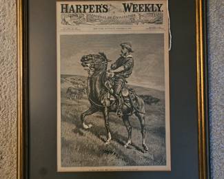 U55 - $50. 1886 Magazine Cover Page for Harper's Weekly. Remington "In From the Night Herd". Measures 16.75" wide x 21.5" tall.