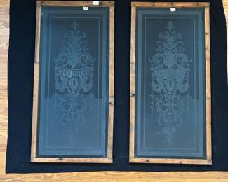 H24 - $1000 PAIR. Vintage French Etched Glass Windows. In the wooden frames measures 24" wide x 49.5" tall. No chips/cracks noted.