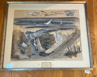 H19 - $300. Fred Messersmith "Shore Birds". Original Painting - Casein on Rice Paper. Dated 1960 measures 34.75" wide x 28.75" tall.