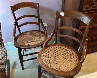A13 - $40 Pair of Wooden Framed Caned Chairs. Measures 18" wide x 21.5" deep x 31.5" tall - Floor to Seat is 17.5".
