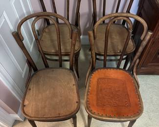 A26 - $60 Set of 4 chairs measuring 15.5" wide x 18.5" deep x 37" tall, floor to seat measures 18.5" tall. One has been redone with a leather seat - the other 3 are early project phases!