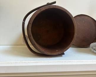 L31 - $125. Primitive Firkin Sugar Bucket with Lid. Measures 10.75" wide x 9.5" tall. Bottom bands are loose but overall very good condition.