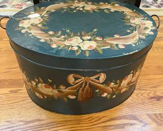 S45 - $150. Maitland Smith LARGE painted metal box. Measures 22.5" x 18.5" x 12" tall. Has handles on the lid to lift off. In very good vintage condition!