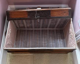 A21 - $60 Antique Chest. Measures 28" wide x 14" deep x 15.75" tall. Lid is not attached but exterior and interior are in excellent condition.