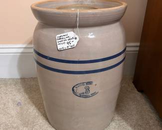 B9 - $75. Marshall Pottery 3 Gallon Crock with lid. Crock & lid are both chipped. Measures 9.5" across x 14" tall.