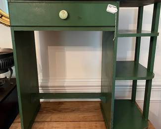 D49- $40. Vintage Small Wooden Desk painted green. Measures 29.75" wide x 16" deep x 30" tall.