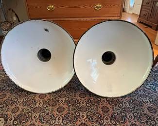 F51- $125 Each. 2 Available. 1930's Benjamin Green Enamel Industrial Lights. Lt- 19dx31t. Rt 18dx26