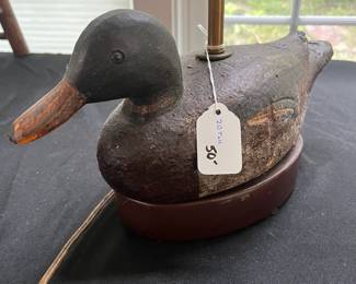S33 - $50. Cork Duck Decoy Lamp. Measures 20" tall.