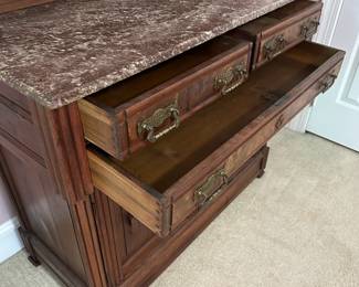 A1 - $475. Victorian Mirrored Marble Top Sideboard/ Vanity. Drawers slide great! Overall in fabulous Antique Condition! Measures 42" wide x 20" deep x 73.75" tall. Moves in 2 pieces. Marble is in great condition.