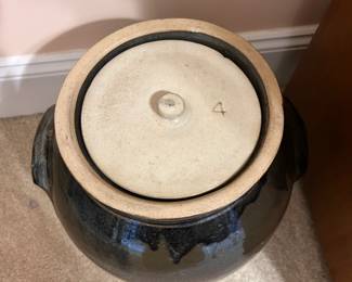 B13 - $45. #4 Crock with Lid. Measures 10.5" x 14" tall.