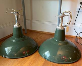 F46 - $60 Each. 2 Available. Vintage "Multi" Green Enamel Industrial Light. 15dx14t