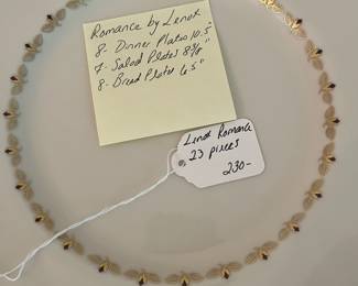 D6- $230. 23 Piece Set of Lenox Romance Ware, bread plates measure 6.25" round, salad plates measure 8 3/8" round, dinner plates measure 10.5" round.