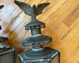 F55- $150 PAIR of US Eagle Brass/Copper Carriage Lanterns. 30"t.