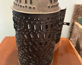 S42 - $70. Hand Punched Antique Paul Revere Candle Lantern. Measures 6.25" wide x 16.5" tall.