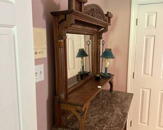 A1 - $475. Victorian Mirrored Marble Top Sideboard/ Vanity. Drawers slide great! Overall in fabulous Antique Condition! Measures 42" wide x 20" deep x 73.75" tall. Moves in 2 pieces. Marble is in great condition.