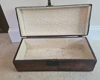 U13 - $75. Antique Wooden Box with Leather Handle. Measures 20" wide x 8.75" deep x 7" tall.