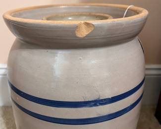 B9 - $75. Marshall Pottery 3 Gallon Crock with lid. Crock & lid are both chipped. Measures 9.5" across x 14" tall.