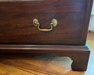D54- $550. Virginia Galleries Furniture by Henkel-Harris. Measures 43" wide x 19.25" deep x 34.25" tall. Slight Sun Fading on Right Side - all drawers slide. Structurally good!