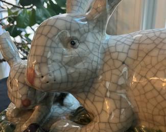 S29 - $100. Crackle Glaze Ceramic/Pottery Rabbit & Baby. Very Heavy. Measures 15.5" wide x 7" deep x 9.5" tall