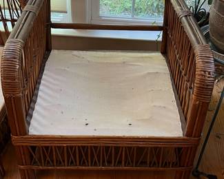 S47 - $175. Antique Rattan Set - NO CUSHIONS. Measures 26" wide x 10" floor to seat x 28.5" tall. Ottoman is 22" square x 11" tall.