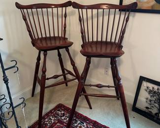 U63 - $550 PAIR. Warren Chair Works RI. TALL Wooden Stools. Measures 23" wide x 19.5" deep x 50.5" tall. Floor to Seat is 33.5". These are TALLER than usual bar stools. Check measurements!!! Sturdy. Overall in very good condition - one seat has more scratches than the other.