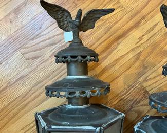 F55- $150 PAIR of US Eagle Brass/Copper Carriage Lanterns. 30"t.
