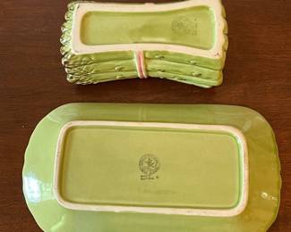 D37- $55. Bordallo Pinheiro Majolica Asparagus Tureen with Plate. Measures 10.5" wide x 5.75" deep x 5.75" tall.