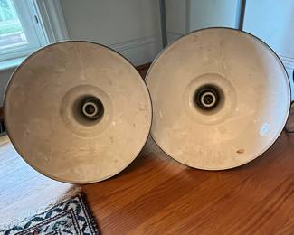 F46 - $60 Each. 2 Available. Vintage "Multi" Green Enamel Industrial Light. 15dx14t