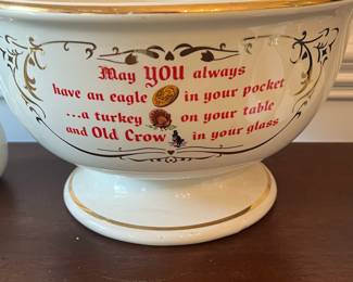 D33- $85. Vintage 1950s Old Crow Whiskey Punch Bowl (13" wide) with Ladle + 8 mugs.