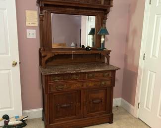 A1 - $475. Victorian Mirrored Marble Top Sideboard/ Vanity. Drawers slide great! Overall in fabulous Antique Condition! Measures 42" wide x 20" deep x 73.75" tall. Moves in 2 pieces. Marble is in great condition.