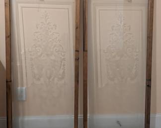 H24 - $1000 PAIR. Vintage French Etched Glass Windows. In the wooden frames measures 24" wide x 49.5" tall. No chips/cracks noted.