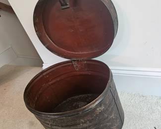 U12 - $50. Antique Victorian Metal Hat Box. Measures 15" wide x 12" deep x 11" tall.