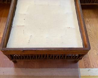 S47 - $175. Antique Rattan Set - NO CUSHIONS. Measures 26" wide x 10" floor to seat x 28.5" tall. Ottoman is 22" square x 11" tall.