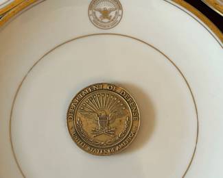 D36- $100. Department of Defense Plates. Set of 2 large (10.75") and 1 small (7.25") with coin (attached but appears to be a Rumsfeld Coin)