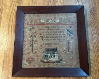 H25 - $225. 1880 Sampler by Elizabeth Jessop. Measures 21.25" square. Excellent Condition!